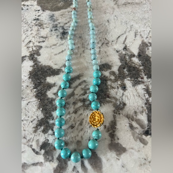 Fossil Jewelry - Fossil turquoise beaded pendant neckalace with rose